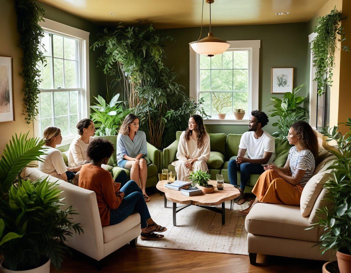 A diverse group of individuals sharing their experiences in a cozy, inviting community space, surrounded by plants and warm lighting, each person conveying a sense of openness and support. Visual metaphors like ropes or anchors symbolize resilience, while abstract waves in the background represent emotional challenges. The atmosphere is uplifting, showcasing connection, strength, and positivity. warm colors. super-realistic. cozy ambiance.