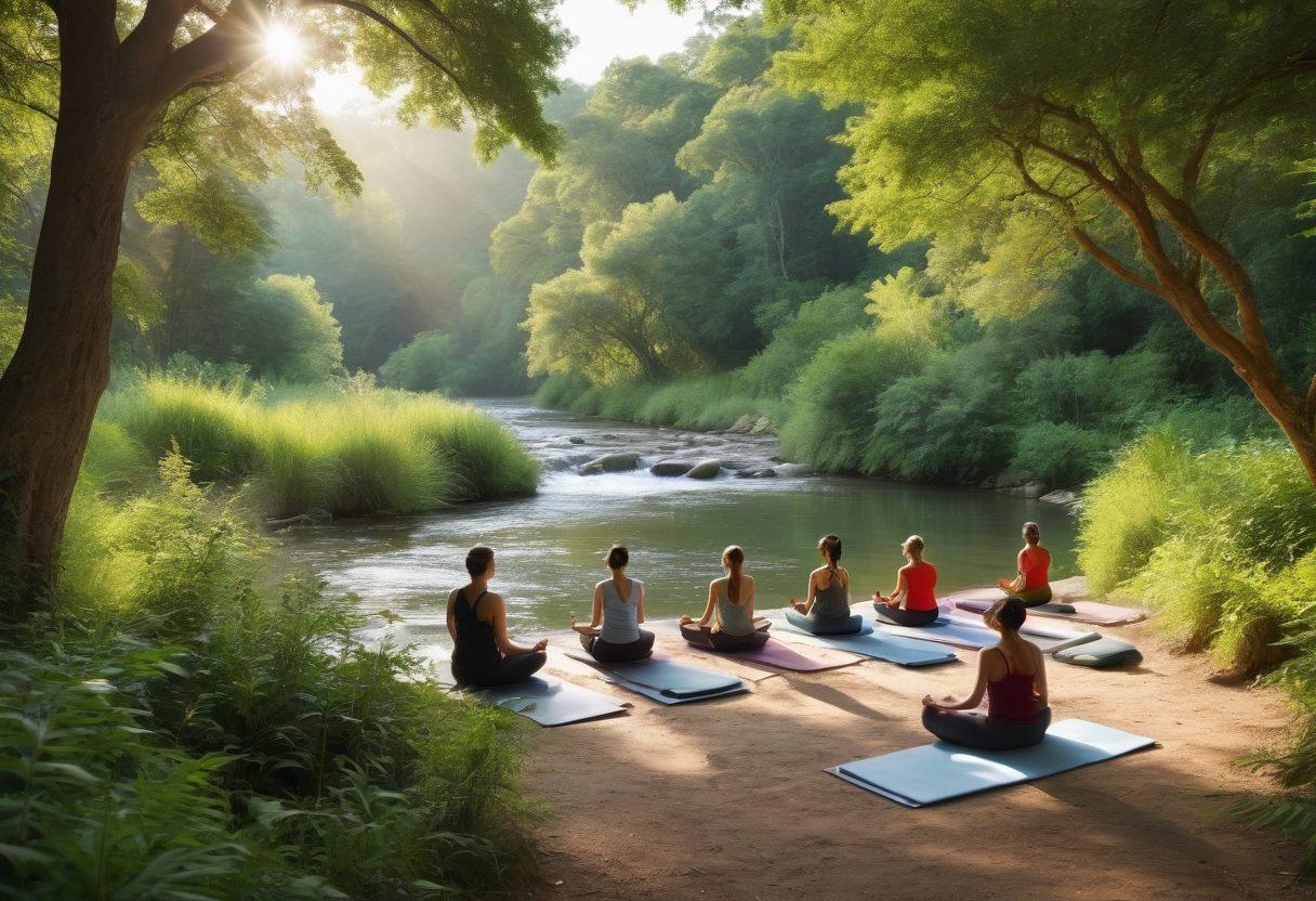 A serene landscape depicting a diverse group of people meditating and engaging in community activities, surrounded by lush greenery and gentle sunlight streaming through the trees. Include elements of mindfulness like yoga mats, meditation cushions, and a flowing river symbolizing wellness and calmness. The atmosphere should radiate a sense of harmony and connection among individuals. vibrant colors. peaceful landscape.
