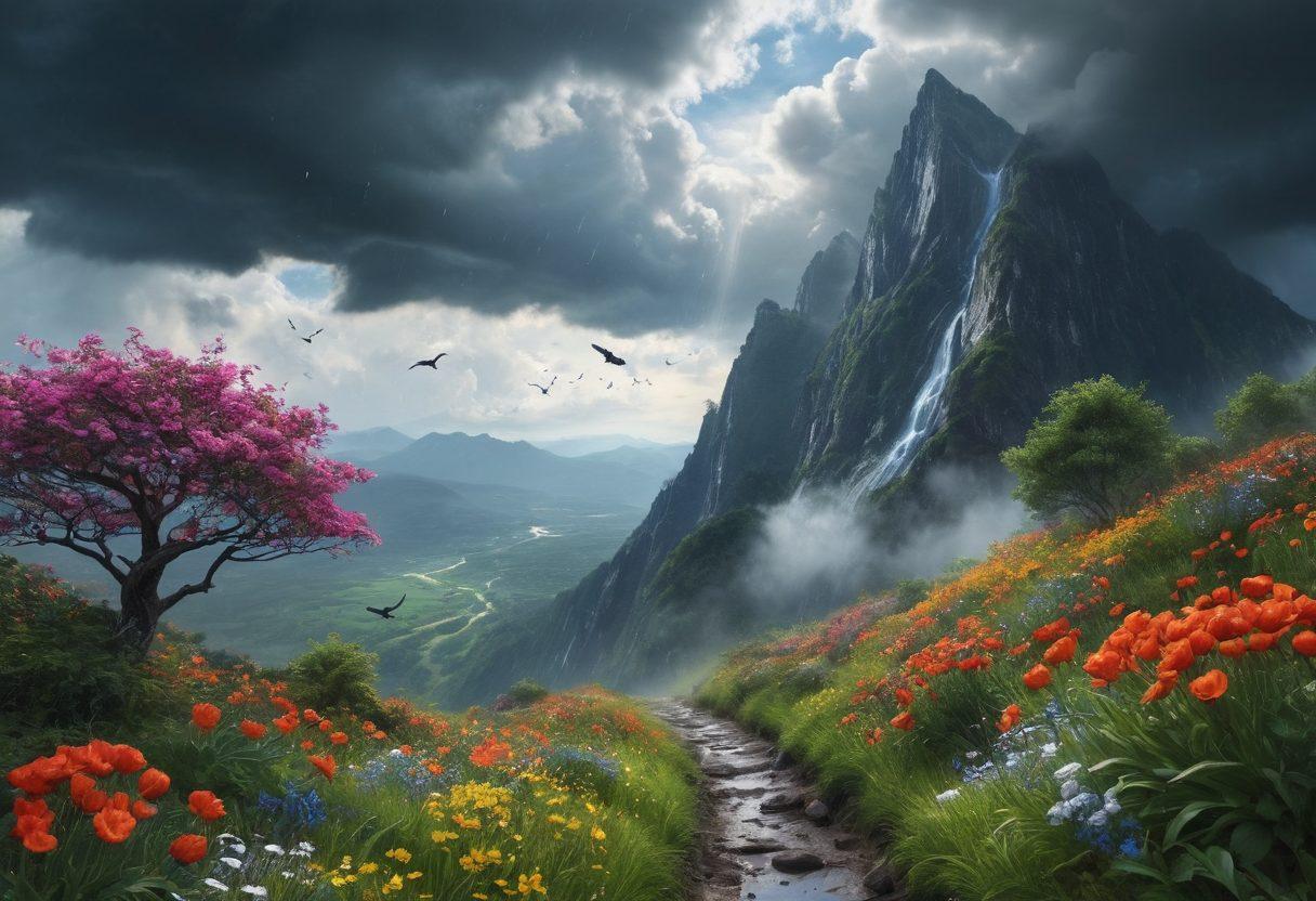 A visual journey transforming from a grey, rainy landscape symbolizing sadness, transitioning to a vibrant, sunny scene depicting strength and resilience, with a strong person climbing a mountain. Include elements of nature like blooming flowers and birds to represent hope and renewal. The overall mood shifts from somber to uplifting. super-realistic. vibrant colors. 3D.
